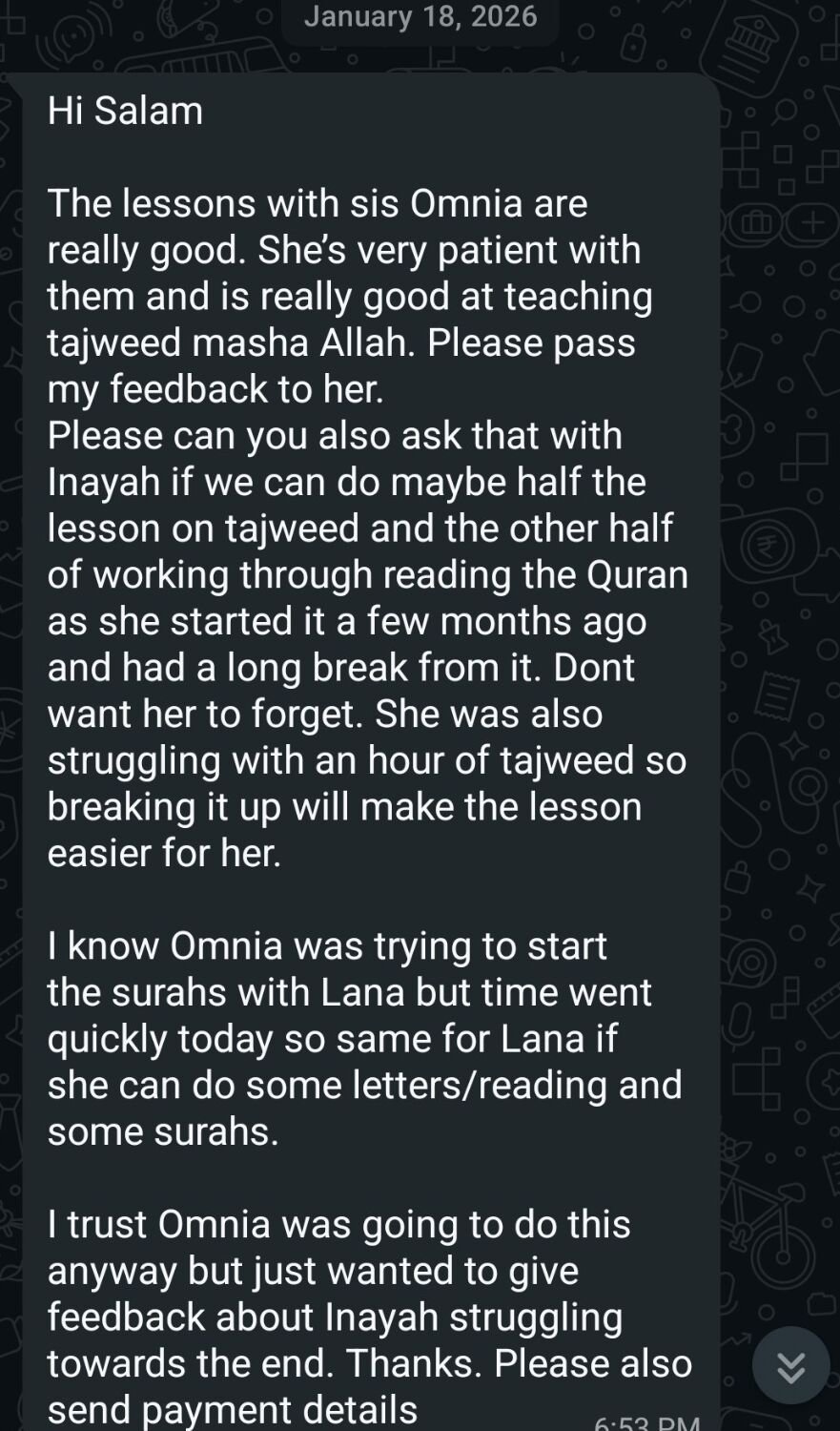WhatsApp feedback from a parent about patient Tajweed teaching