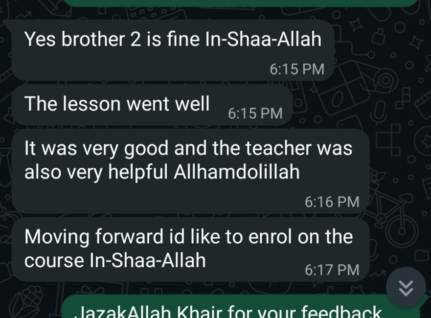 Rizwan's WhatsApp feedback after his lesson