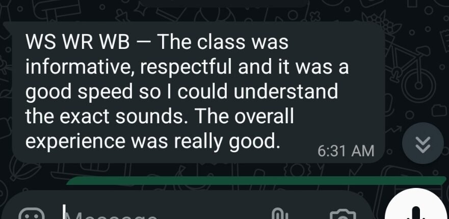 Sarah's WhatsApp feedback after a Tajweed class