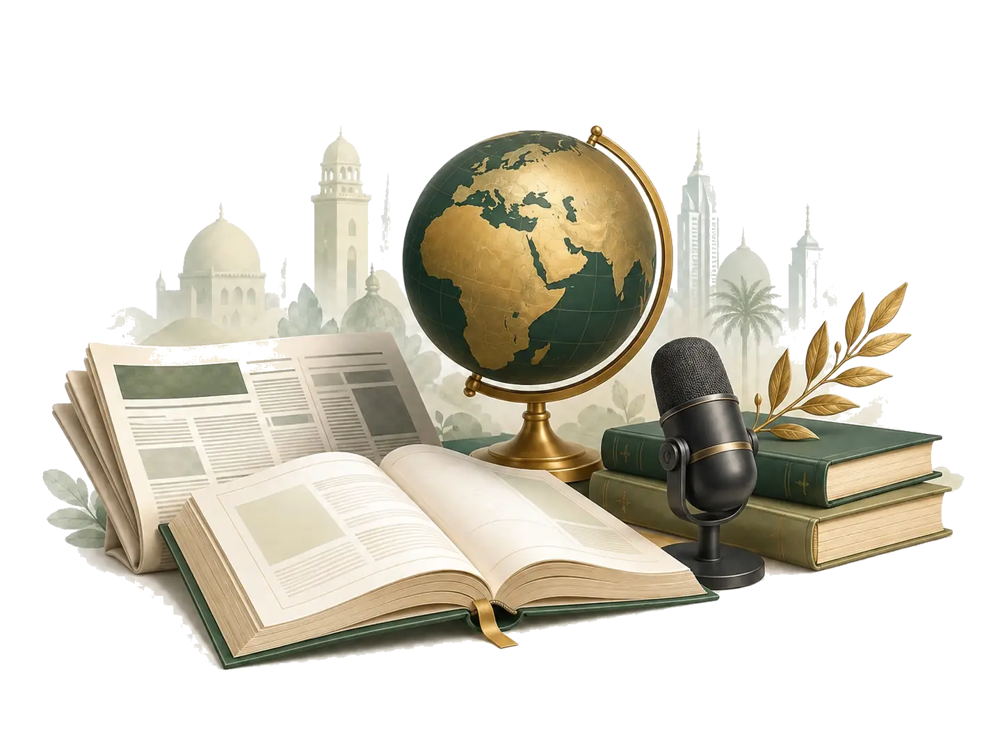Books, newspaper, globe and microphone representing Modern Standard Arabic in education and media
