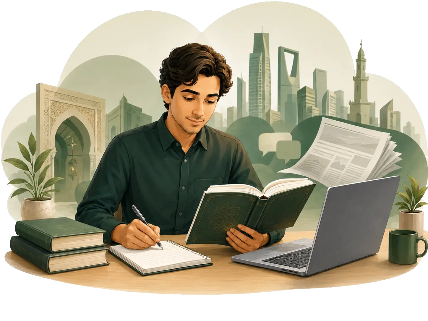 Adult learner studying Modern Standard Arabic with books, a newspaper and a laptop