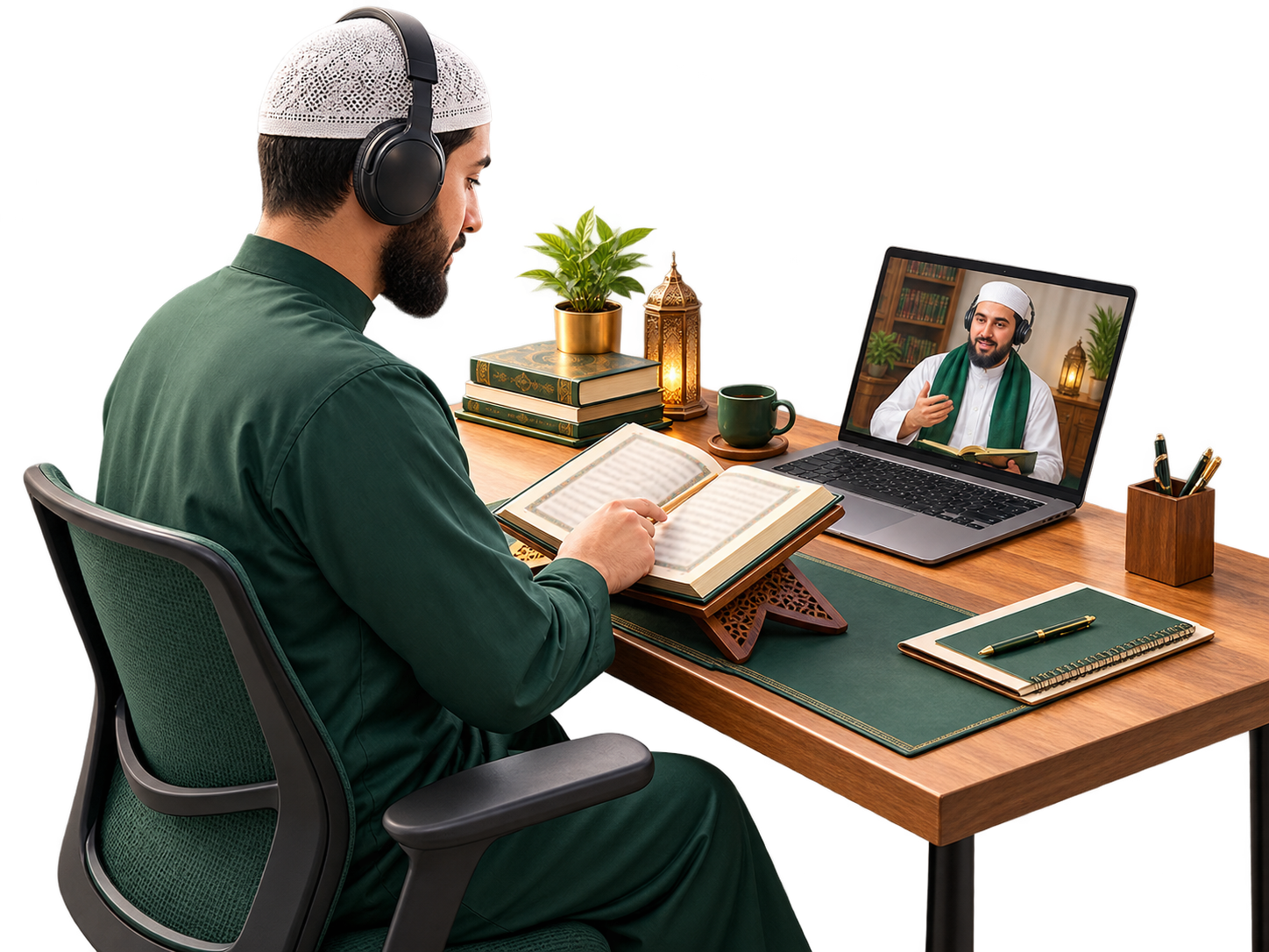 An adult practising Quran recitation online with a teacher
