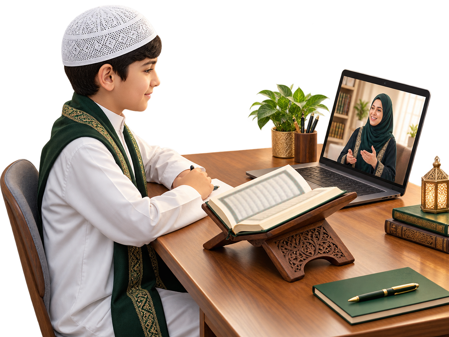 A child learning Quran recitation online with a teacher