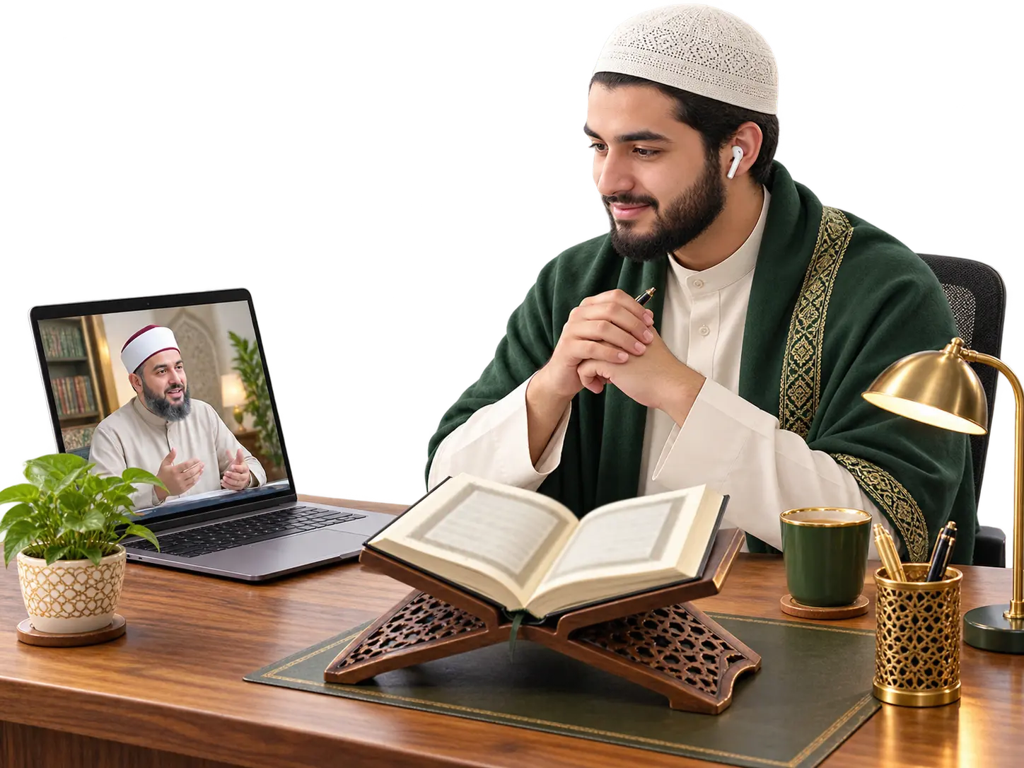 An adult learner studying Quran recitation online with a male teacher