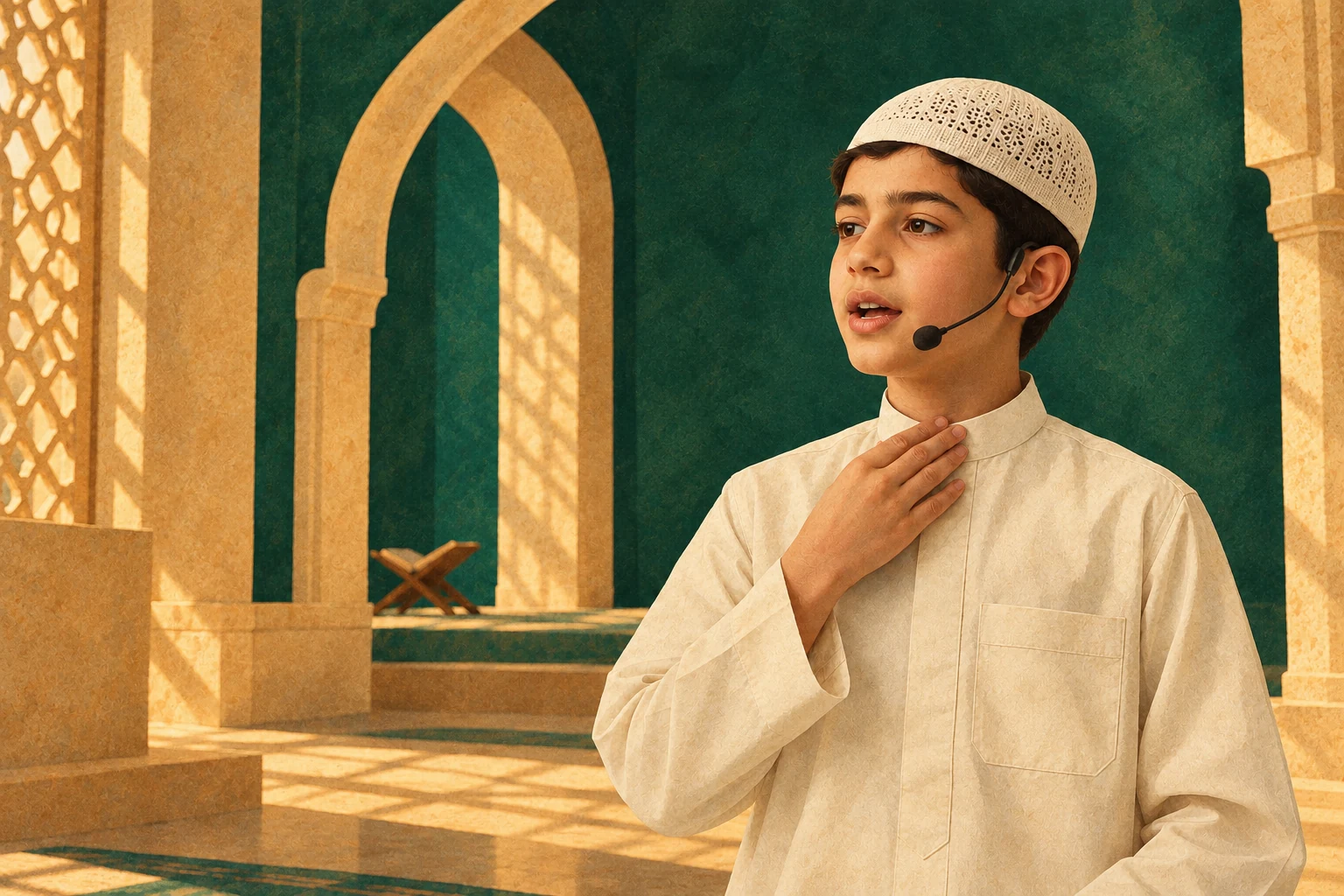 Young learner practising pronunciation during a live Beginner Tajweed lesson