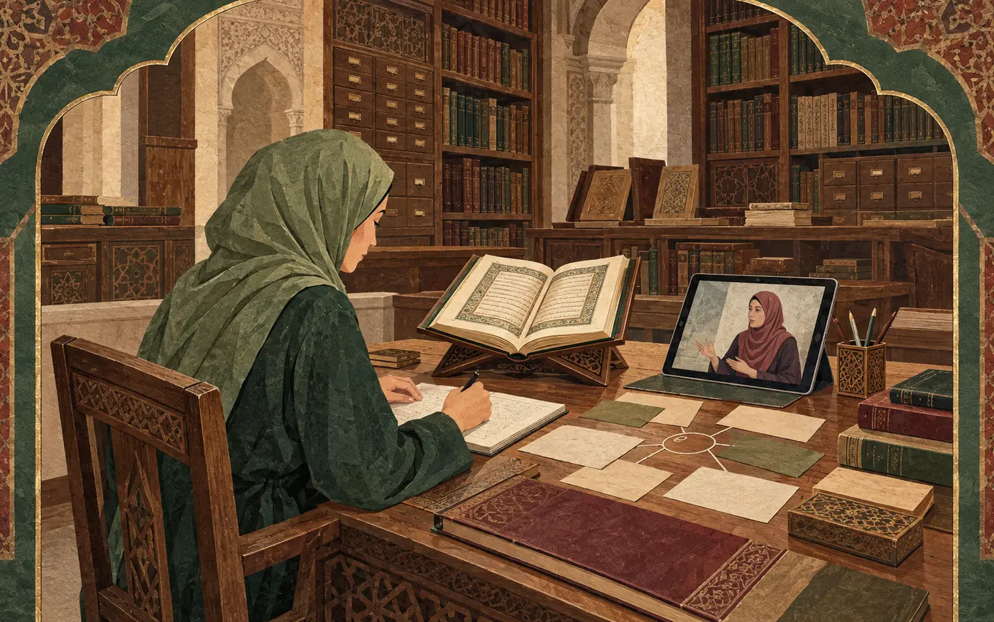 Learner studying Quranic Arabic in a scholarly reading room