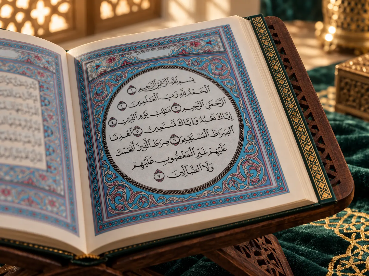 A photographed Mushaf page showing Surah Al-Fatiha in Arabic