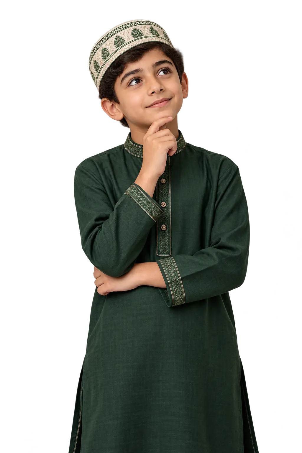 Young Muslim student thoughtfully considering online Quran learning